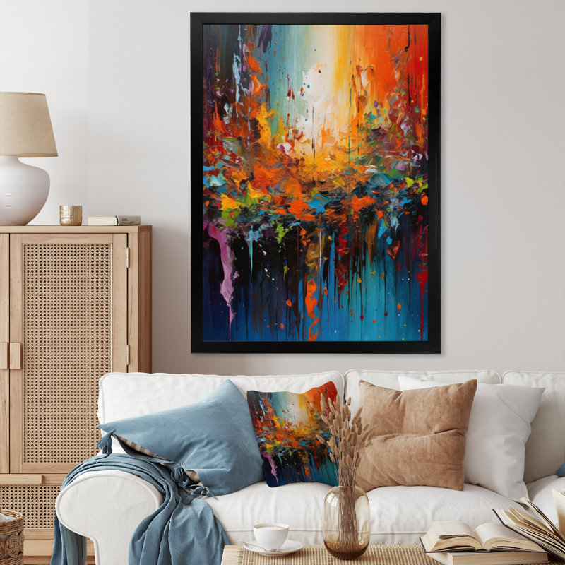 Orange Teal Cubist Fusion - Cubism Canvas Art, 44" H x 34" W x 1.5" D, Black Single Picture Framed