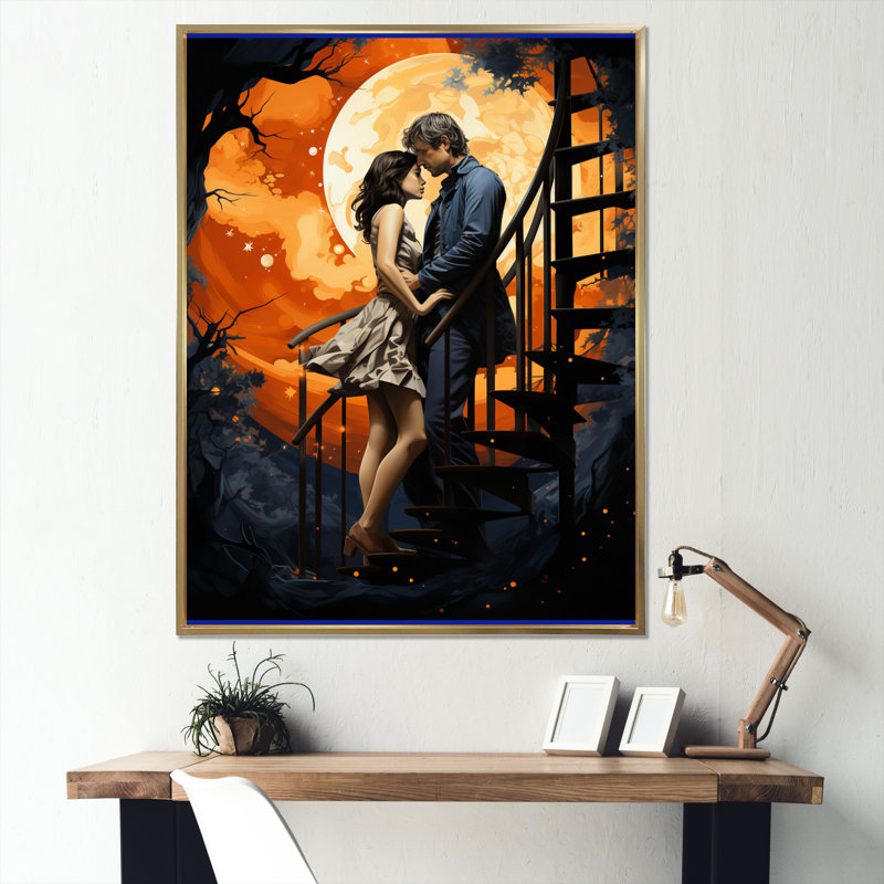 Couple romantique au ciel II - reproduction sur toile, Cadre flottant doré, H 32 po x l 16 po x P 1 po