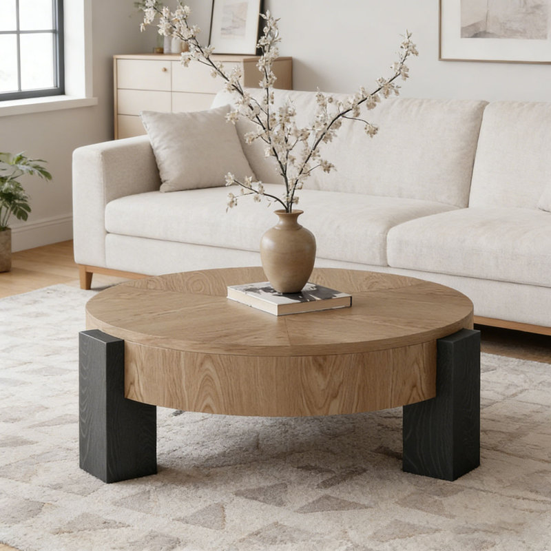 33'' Modern Round Coffee Table with Hidden Storage, 3 Block Legs Sturdy Center Accent Table, Matt Black,Natural Wood