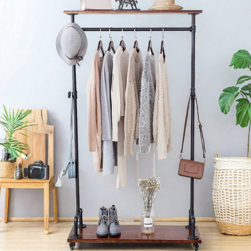Portant à vêtements 39 po en bois industriel (support à vêtements à 2 niveaux)