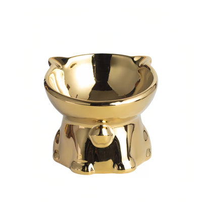 Electroplated Ceramic Elevated Cat Bowl, 15° Tilted Raised Pet Food & Water Bowl For Cats & Small Dogs, Anti-Choke, Non-Spill, Whisker-Friendly Design, Gold Yellow/Silver Options