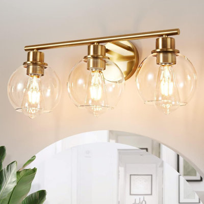 Luminaire de meuble-lavabo industriel noir et doré avec abat-jour en verre, applique murale 3 lumières pour un décor moderne et classique