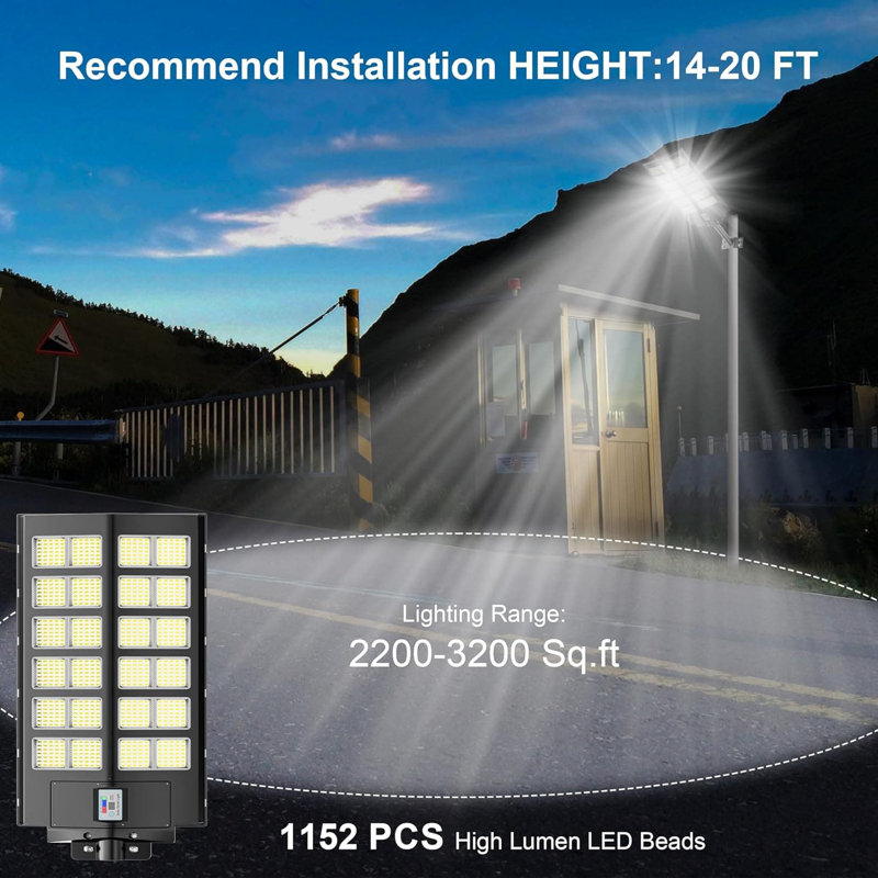 Paquet de 2 réverbères solaires de 4800 W, éclairage de sécurité d'extérieur Dusk To Dawn de 480 000LM, étanche IP67 avec capteur de mouvement pour les stationnements, les cours, les routes et les allées