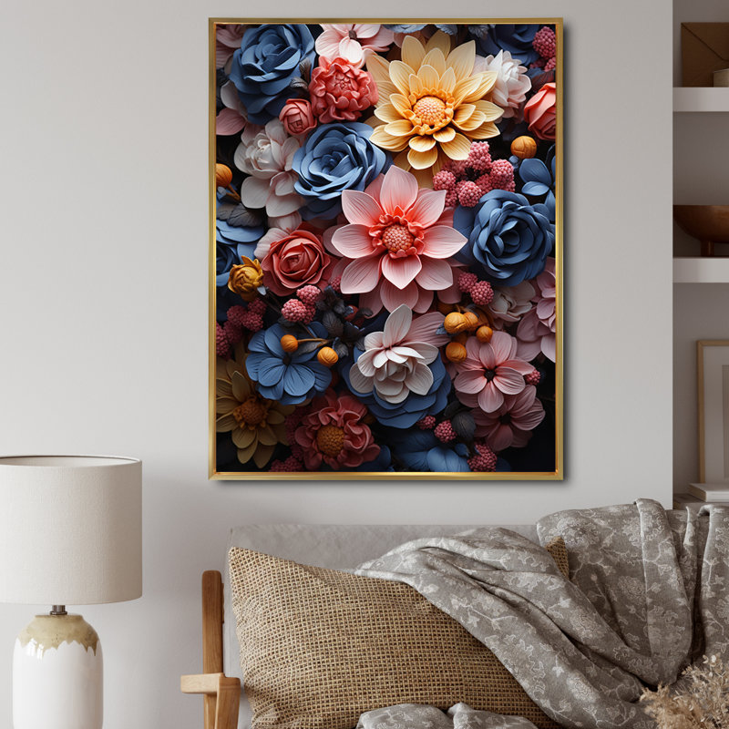 Rose, bleu, Wilflowers Dream I, Cadre flottant doré, H 44 po x l 34 po x P 1,5 po