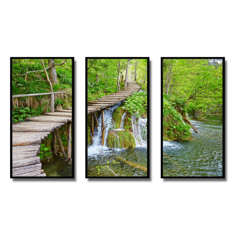 Cascades à Plitvice Lakes - Photographie de 3 pièces sur toile, H 28 po x l 36 po x P 1 po, Noir