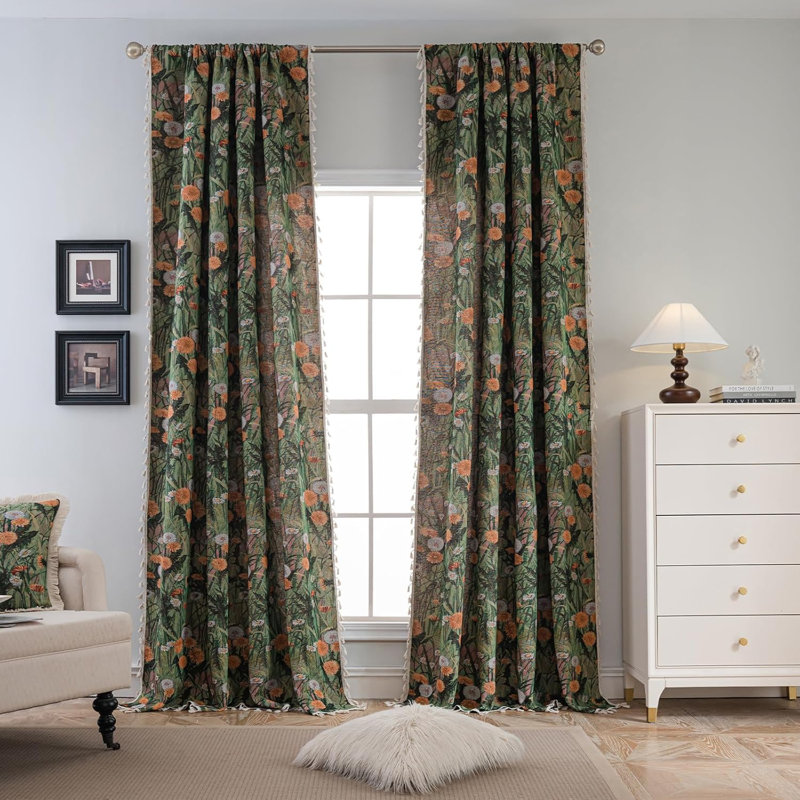 Ensemble de 2 rideaux en polyester à imprimé floral (ensemble de 2), L 52 po x L 84 po, Vert pissenlit