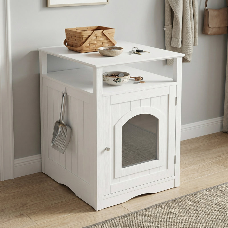 Meuble de litière moderne pour chat avec tablette de rangement et crochet latéral, armoire pour chat caché avec finition blanche pour le salon et la chambre à coucher