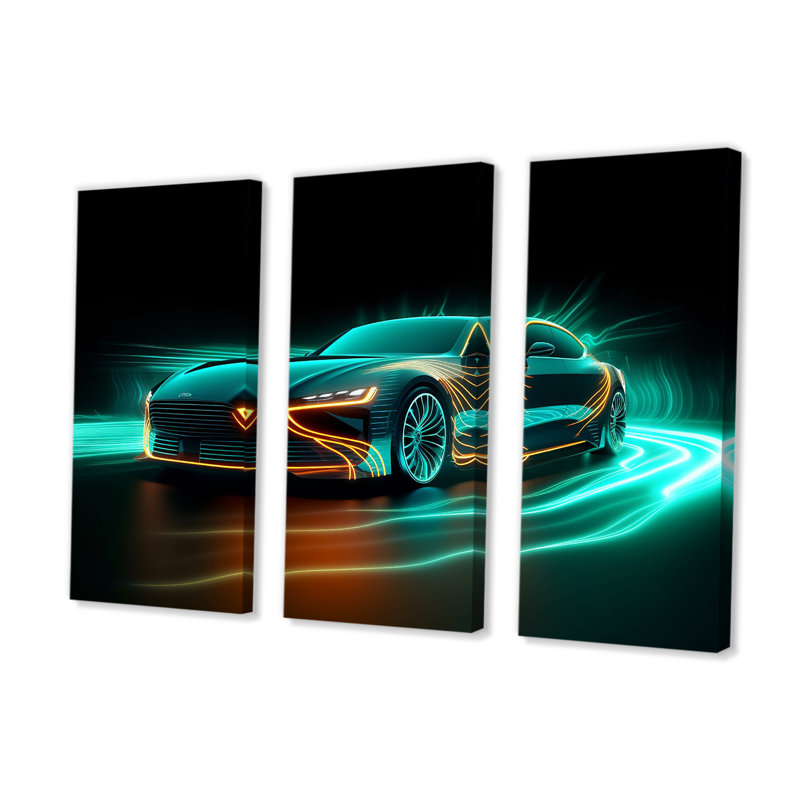 «Neon Light Strips Teal Hybrid Car I», ensemble d'art sur toile exotique, Toile tendue, H 40 po x l 60 po x P 1 po
