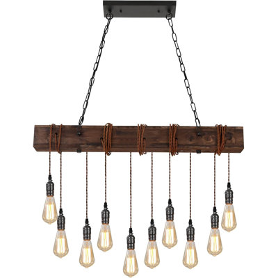 Rustic Wooden Chandelier With 10 Lights, Adjustable Height Farmhouse Pendant Light For Dining Room Kitchen Island Bar Cabin Pool Table