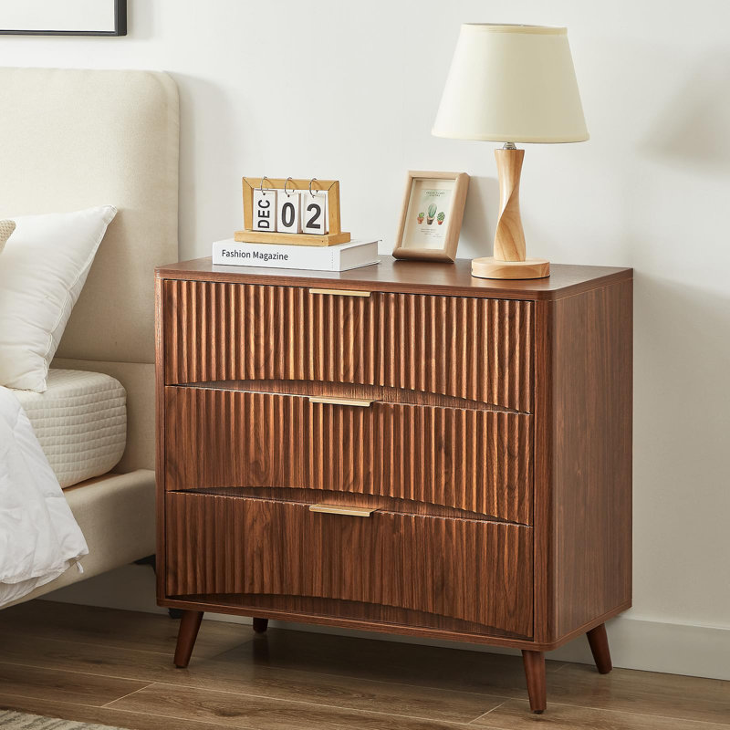 Large Fluted Nightstand Set Of 2,  3 Drawer Night Stand Bedside Table, Mid Century Modern Small Wood Dresser For Bedroom