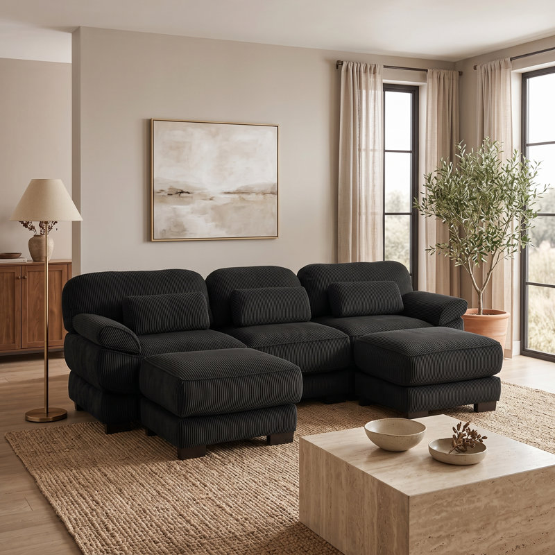 Canapé modulaire noir en velours côtelé 3 places avec 2 repose-pieds et sièges, 3 sièges + 2 repose-pieds