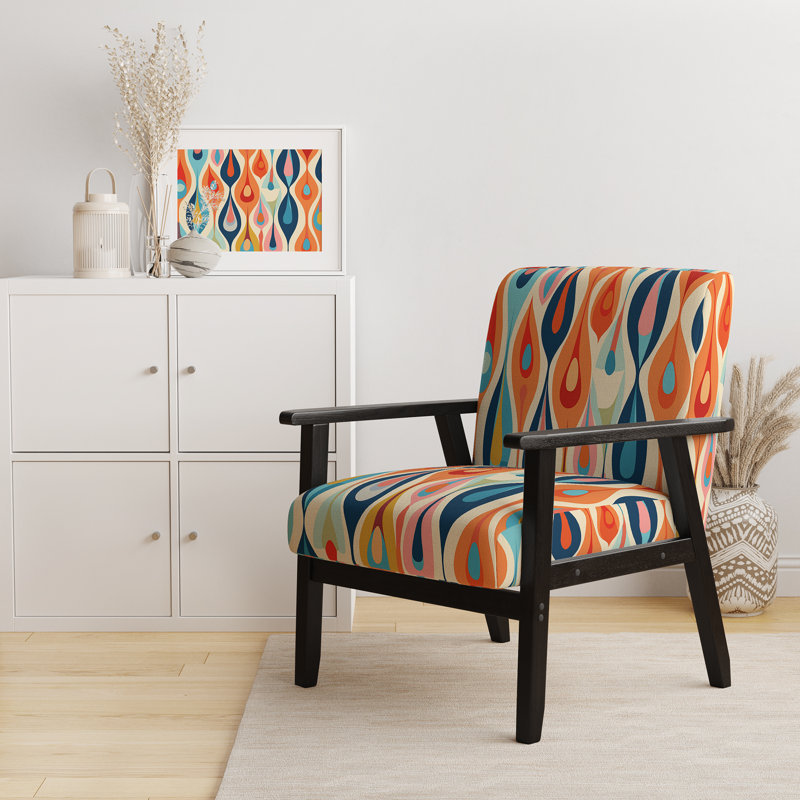 Retro Abstract Drops XI - Velvet Upholstered Midcentury Arm Chair, Midcentury Accent Chair, Blue/Orange Polyester