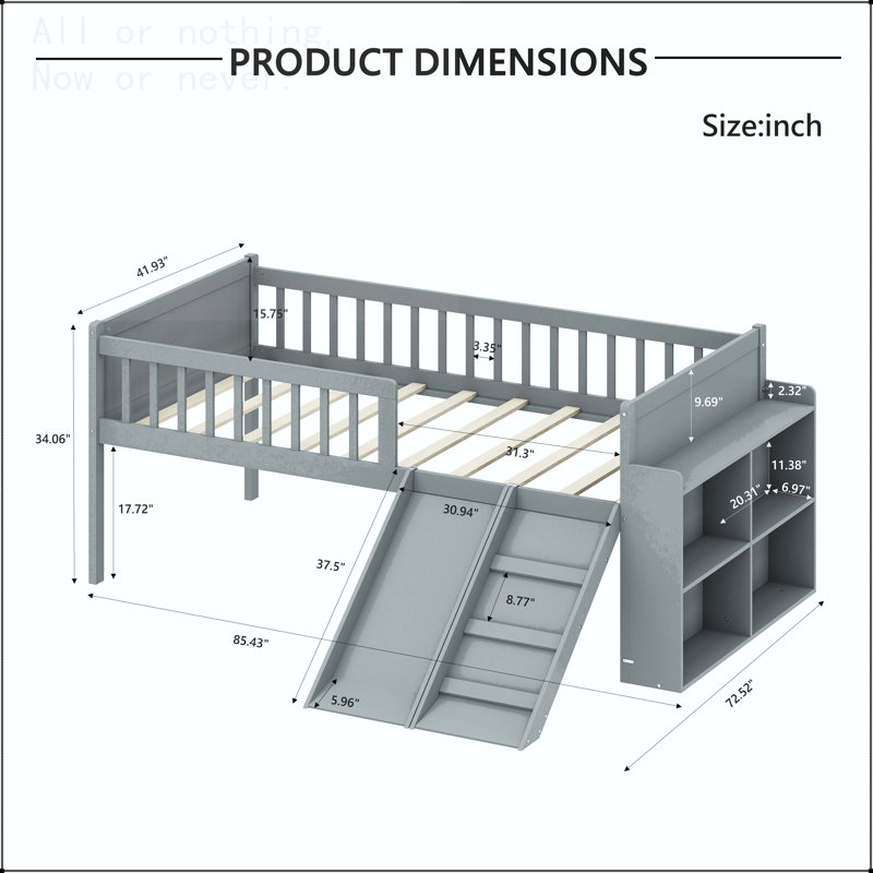 Twin Size Bed Frame with Storage Shelf, Slide, and Ladder, Gray
