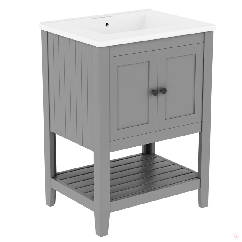 24" Modern Sleek Bathroom Vanity Elegant Ceramic Sink With Solid Wood Frame Open Style Shelf, Black, Grey