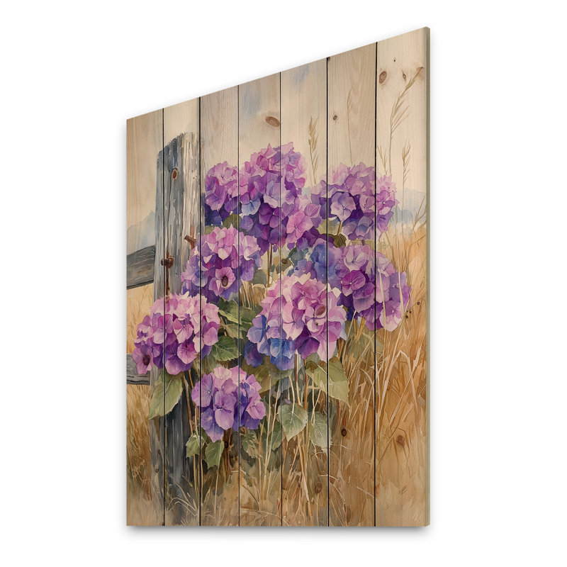 Hortensias à la clôture de la ferme I - Décoration murale en bois d'hortensias - sur bois de pin naturel