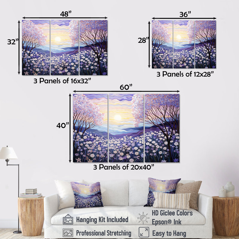 Ensemble de salon Magical Lilac Flowers Field I - Flower Wall Art, Toile tendue, H 40 po x l 60 po x P 1 po
