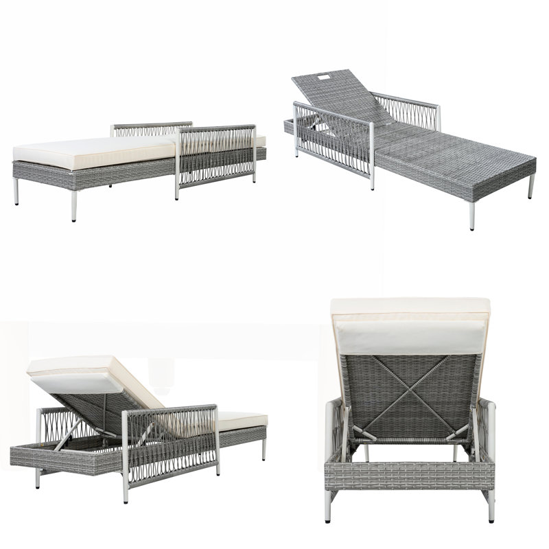 Outdoor All-Weather PE Rattan Chaise Lounge, Adjustable Recliner with Thick Cushions and Sturdy Iron Frame, Set of 2, Gray