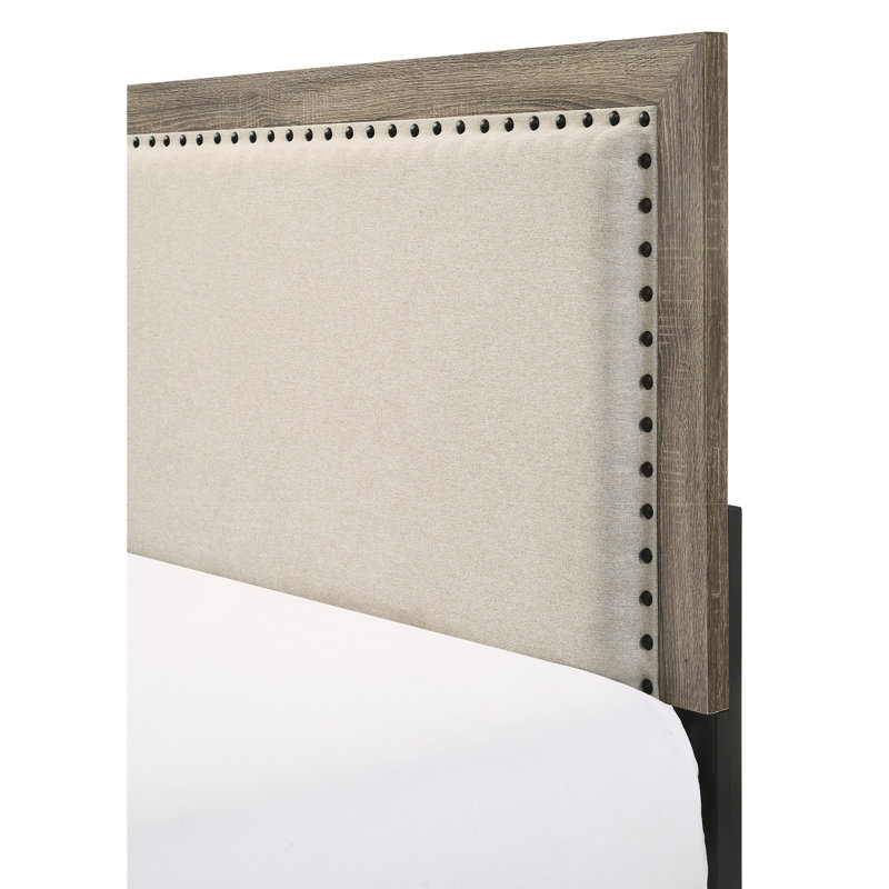 Shristi Fabric Upholstered Headboard Tufted Nailhead Trim 1pc Panel Bed Beautiful Wooden Bedroom Furniture, King, Gray