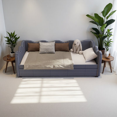 2 in 1 Convertible Sofa Bed, Plaid Fabric Couch Bed with USB Port, Triple Reinforced Frame, Solid Wood Slats, Noise-Free  Anti-Sagging, Space Saving Furniture for Small Space, Kids Room, Guest Room