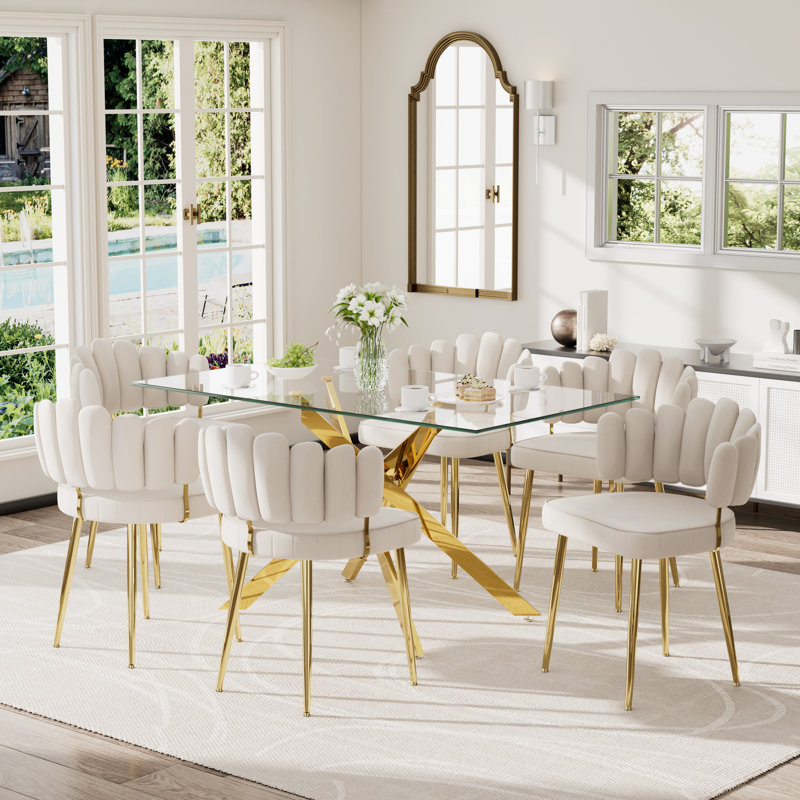 Ensemble de table de salle à manger rectangulaire moderne en verre avec chaises en velours, 7 pièces : table, 6 chaises