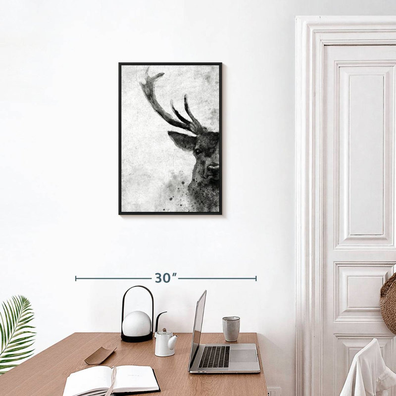 Visage de cerf noir et blanc, Cadre flottant noir, 17 po x 25 po
