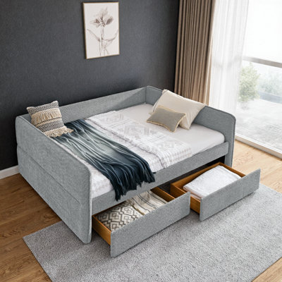 Queen Size Daybed with Trundle: Upholstered Tufted Sofa Bed, Storage Drawers, Boucle Fabric, Beige (88"x65.5"x29.5") by Latitude Run