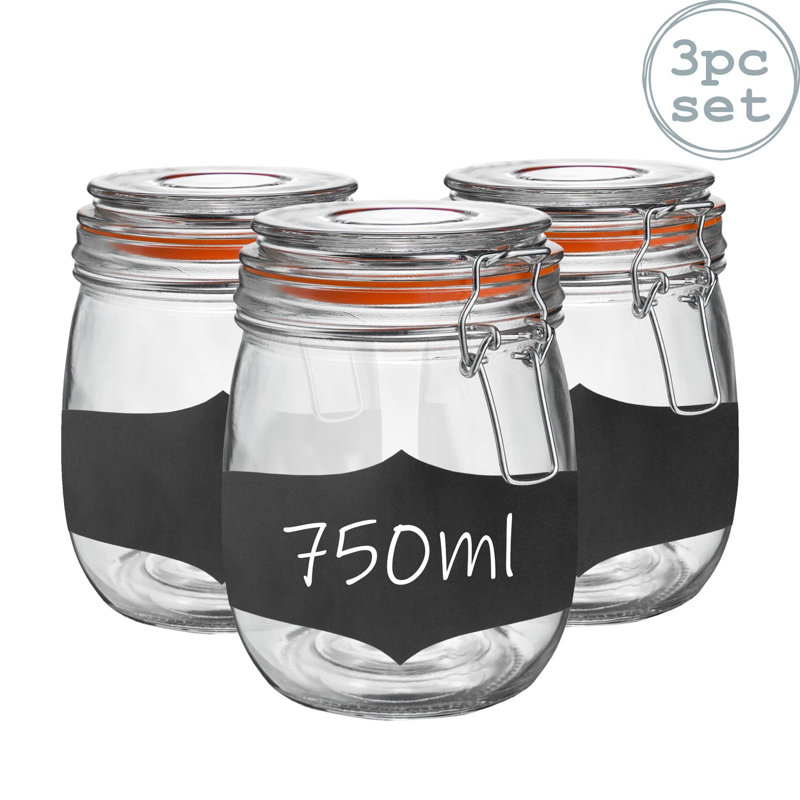 Argon Tableware - Glass Storage Jars with Labels - 750ml - Set of 3, White/Clear
