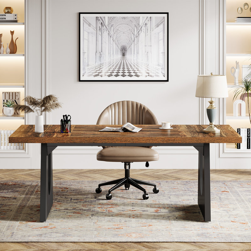 Bureau de direction en bois de 70,86 pouces, grand bureau d'ordinateur avec plateau de table épaissi et base en bois pour le bureau personnel