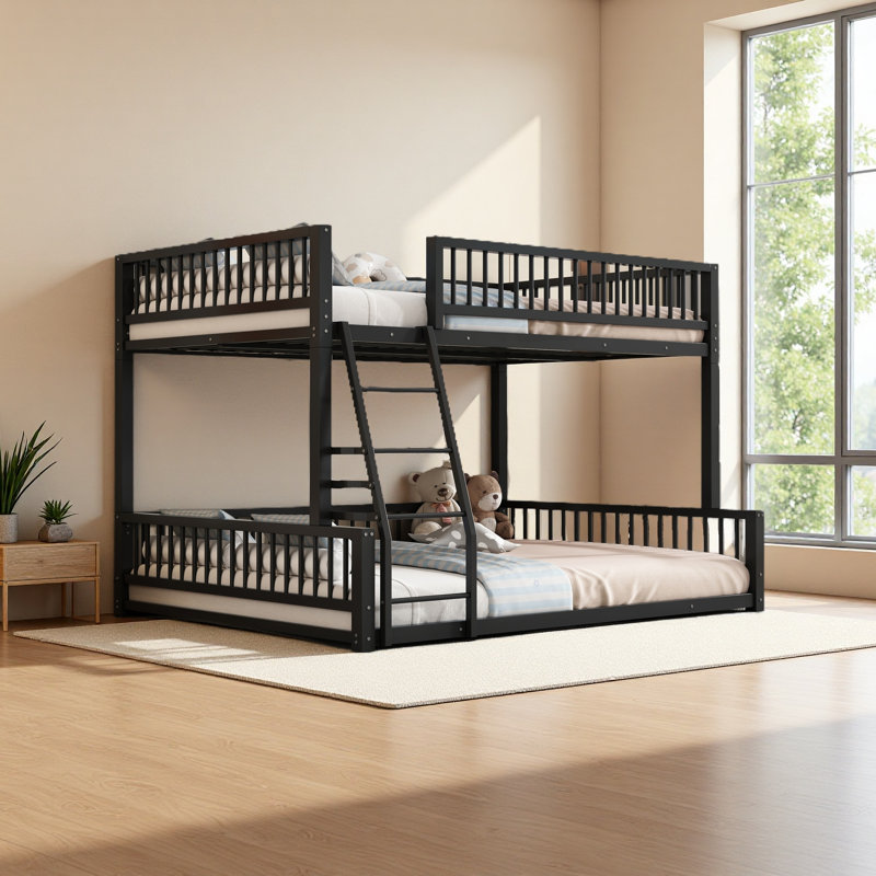 Floor Bunk Bed Frame With Ladder And Safety Guardrails, Easy Assemble, Black, Full XL Over Queen
