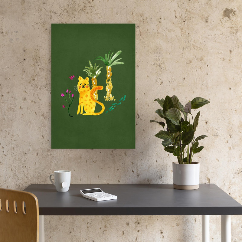 Smiling Safari Cat Playful Whimsical Abstract Palm Tree Cat Flower Nature Wall Art Print by Abigail Morales - Wrapped Canvas Print