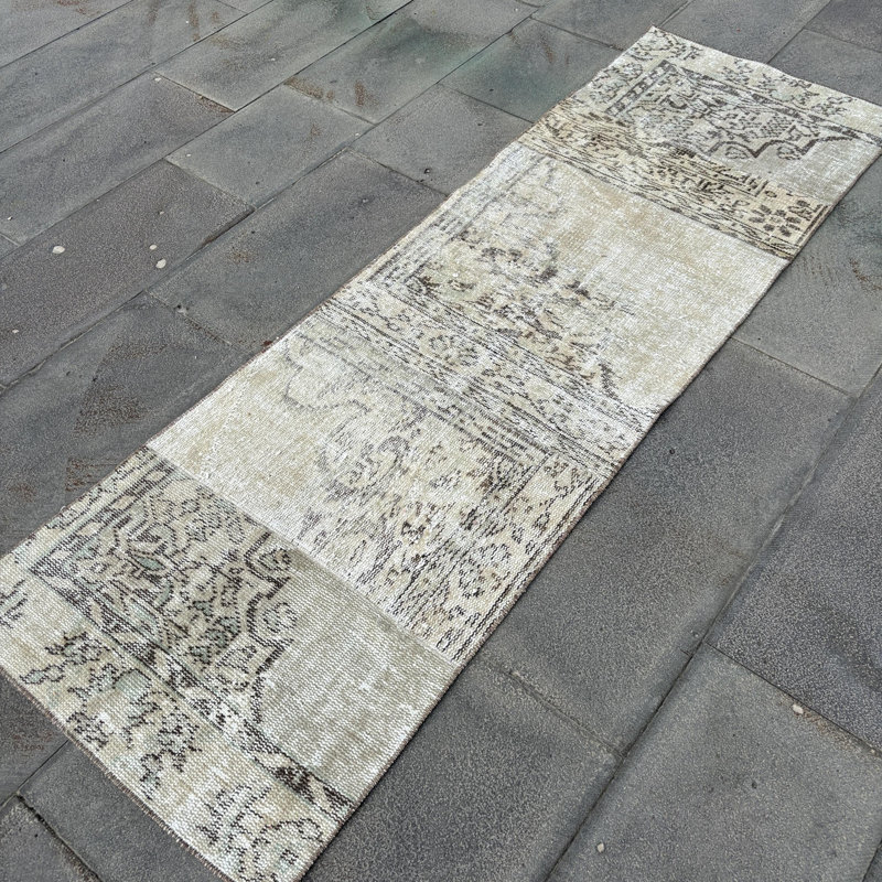 Vintage Beige Turkish Oushak Wool Area Rug with Unique Patchwork Design for Hallways
