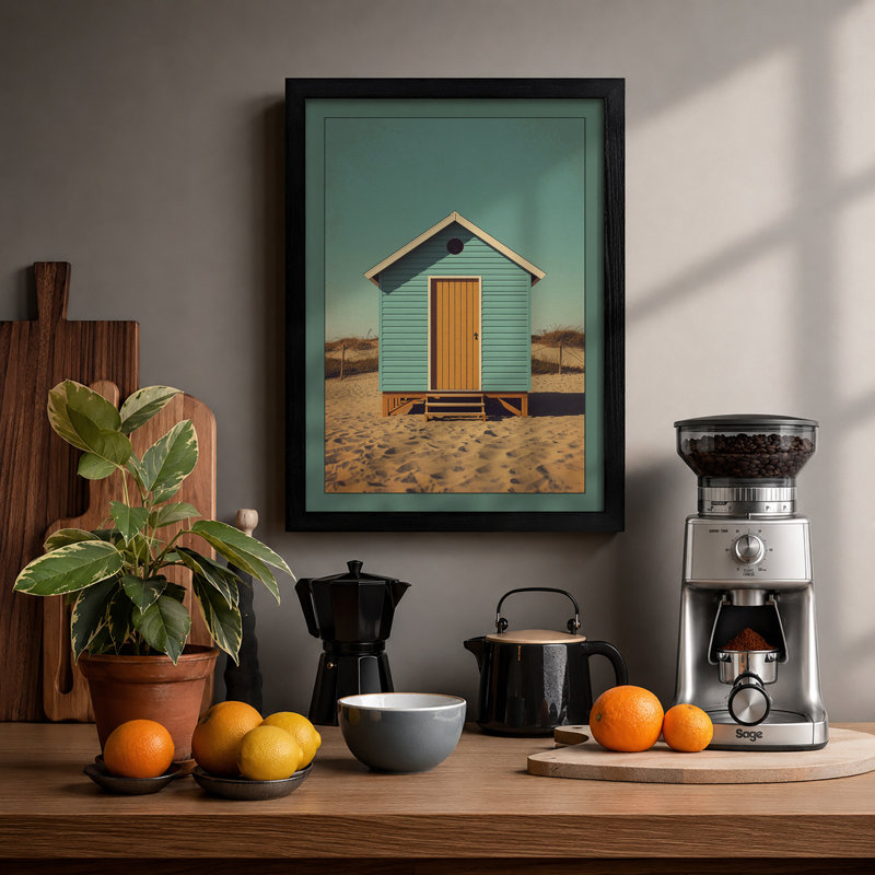 Solitary Beach Hut Coastal - Framed Print, A1 - 84.1 x 59.4 cm, Black