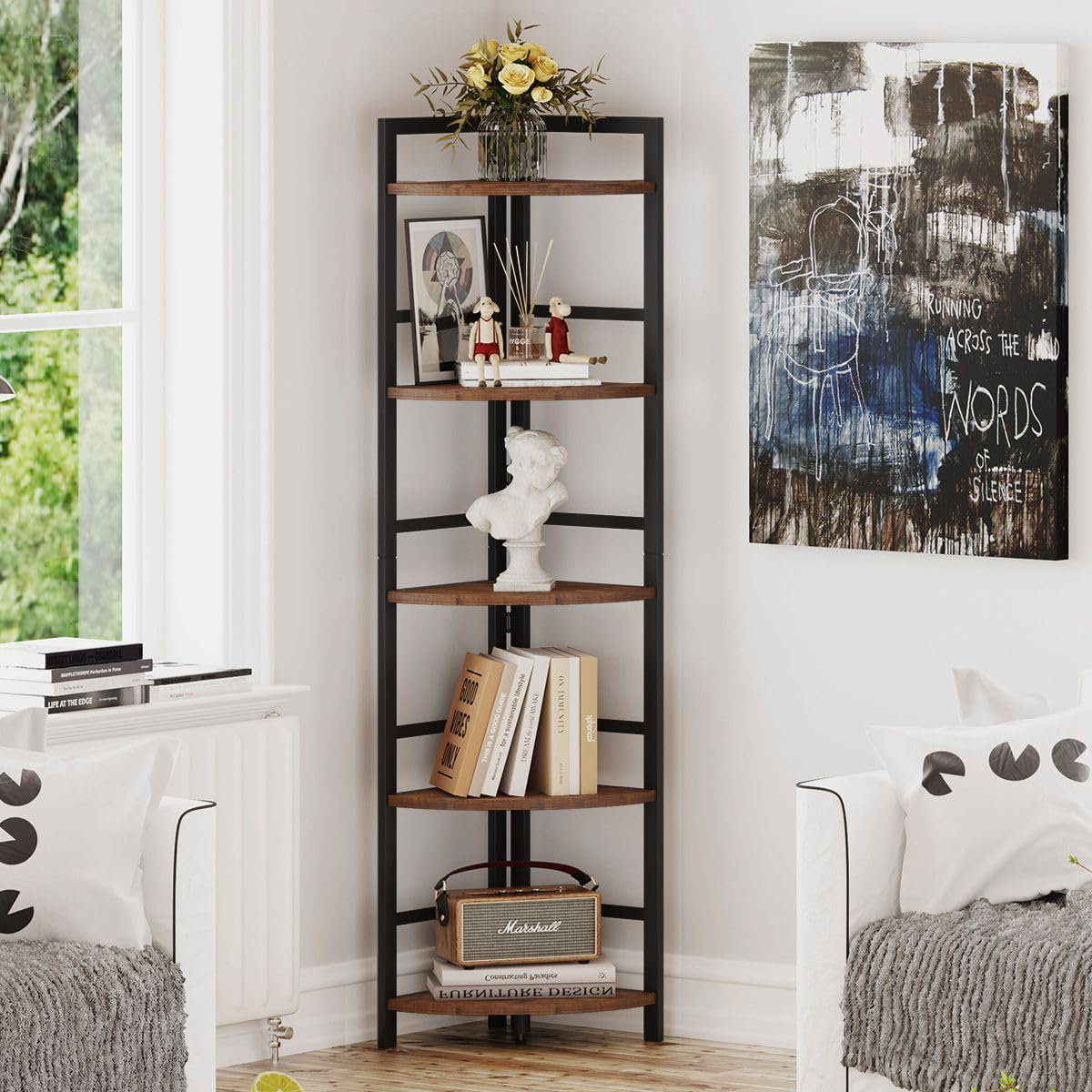 Corner Bookshelf 72.8in Farmhouse Bookcase Large Bookshelf Wood Tall 5 Tier Shelf L Shaped Storage Display Rack Living Room Bedroom