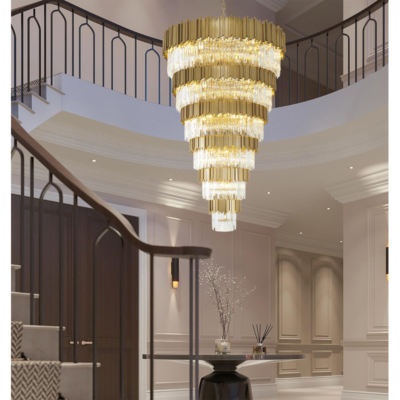 60 Light Tiered Chandelier With Crystal Accents, Brushed Brass, 6