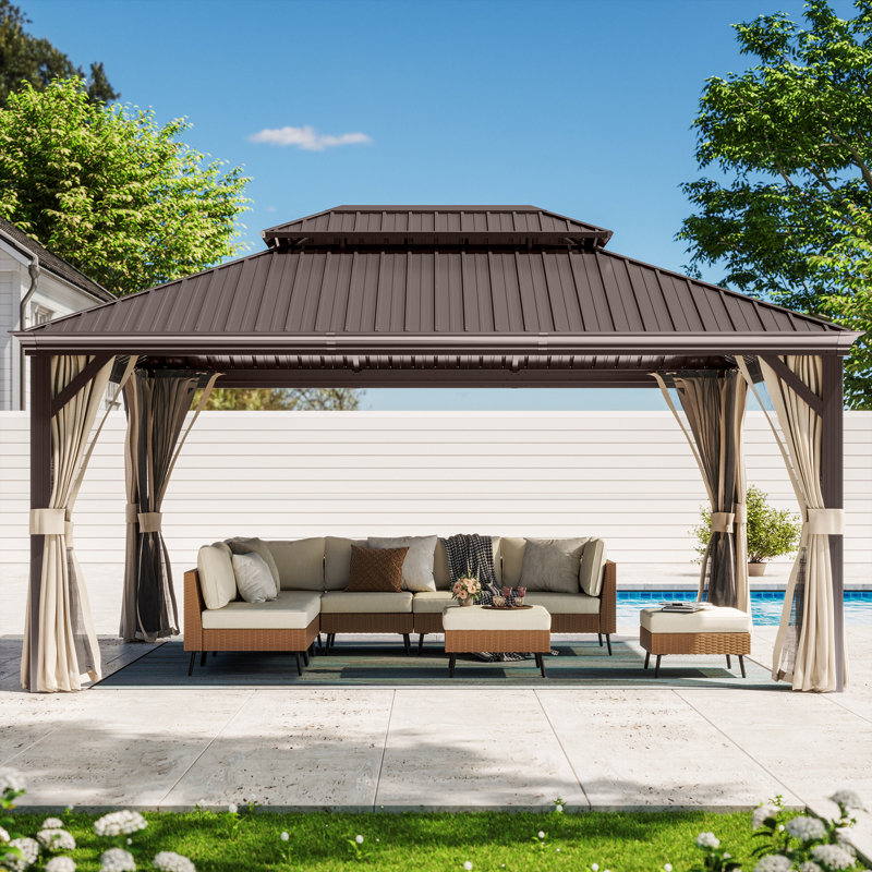 12'x16' Hardtop Gazebo Double Galvanized Steel Roof, Permanent Aluminum Frame Outdoor Pavilion with Netting & Curtain