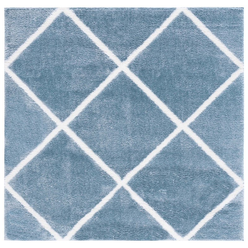 Geometric Blue/White Area Rug, Square 6'7"