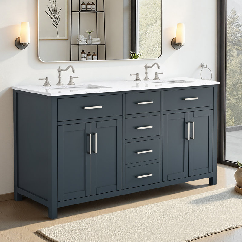 Meuble-lavabo double 60 po avec plateau en marbre d'ingénierie Shamar, Bleu rétro
