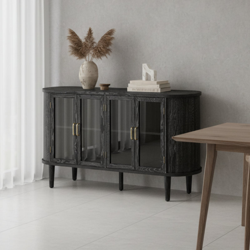 Black Wooden Buffet Cabinet Glass Doors Adjustable Shelf Multi-Scene Use, Black