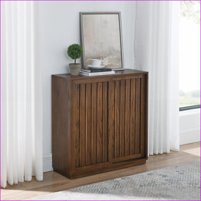 Mid Century Sideboard with 2 Sliding Doors &amp; Solid Wood Strips | Spacious Storage | Outlet Hole | Walnut Brown | MDF