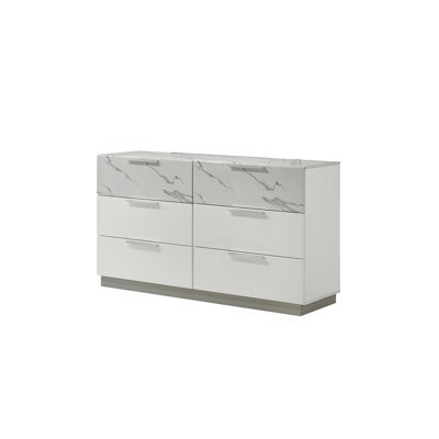 Commode blanche brume - Finition bicolore très brillante en marbre et en laque avec six tiroirs spacieux, intérieurs doublés de velours