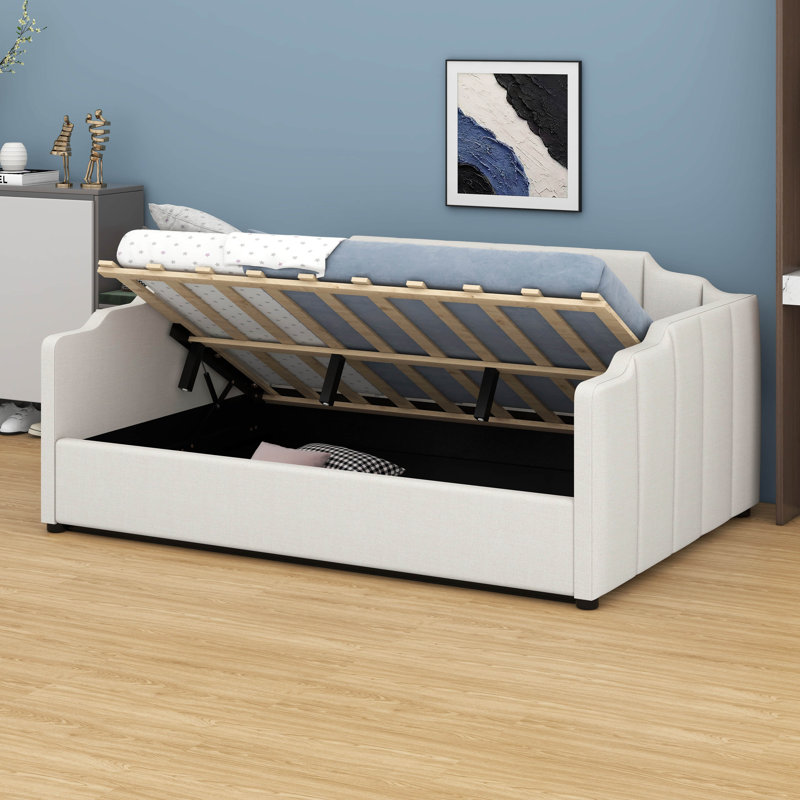 Lit de jour double (rembourré) avec espace de rangement inférieur, Beige