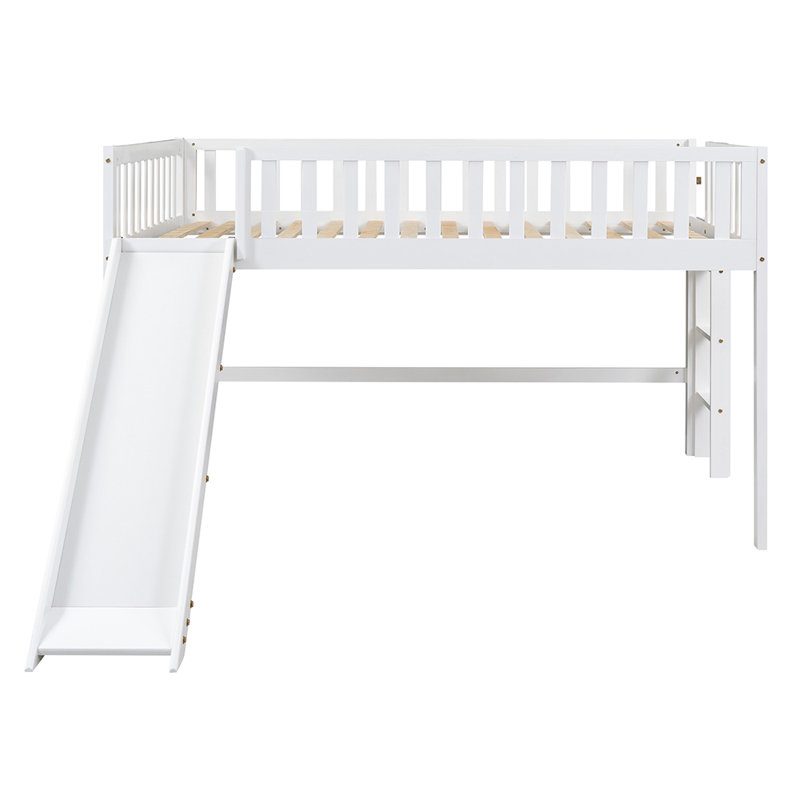 Solid Wood Full Low Loft Bed with Ladder And Slide, White