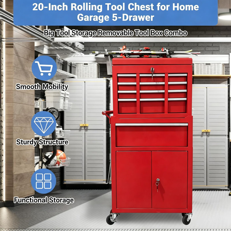 5 Drawer Rolling Tool Chest with Wheels, 2-in-1 Detachable Tool Box and Cabinet, Lockable Metal Storage Organizer, Mobile Toolbox for Garage Workshop Home, Red