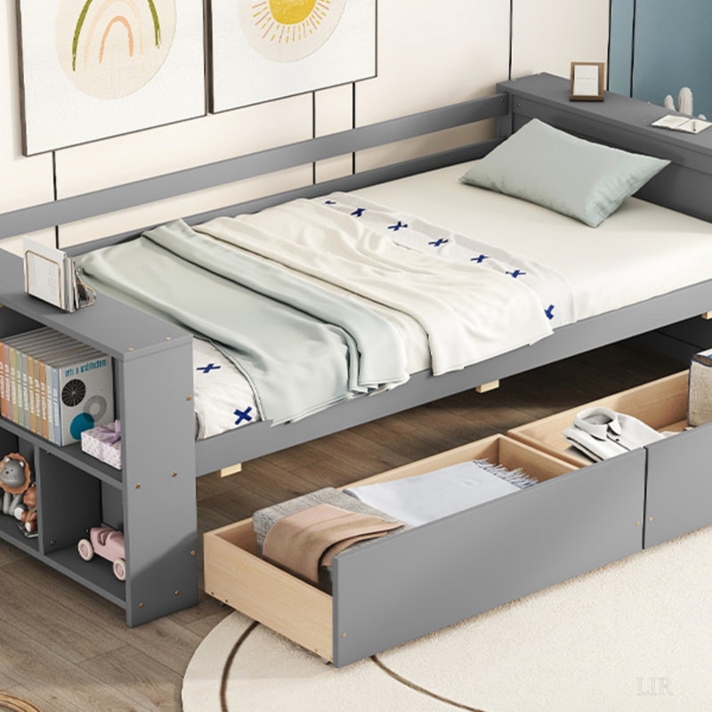 Lit de jour avec tablettes et tiroirs, taille simple, gris