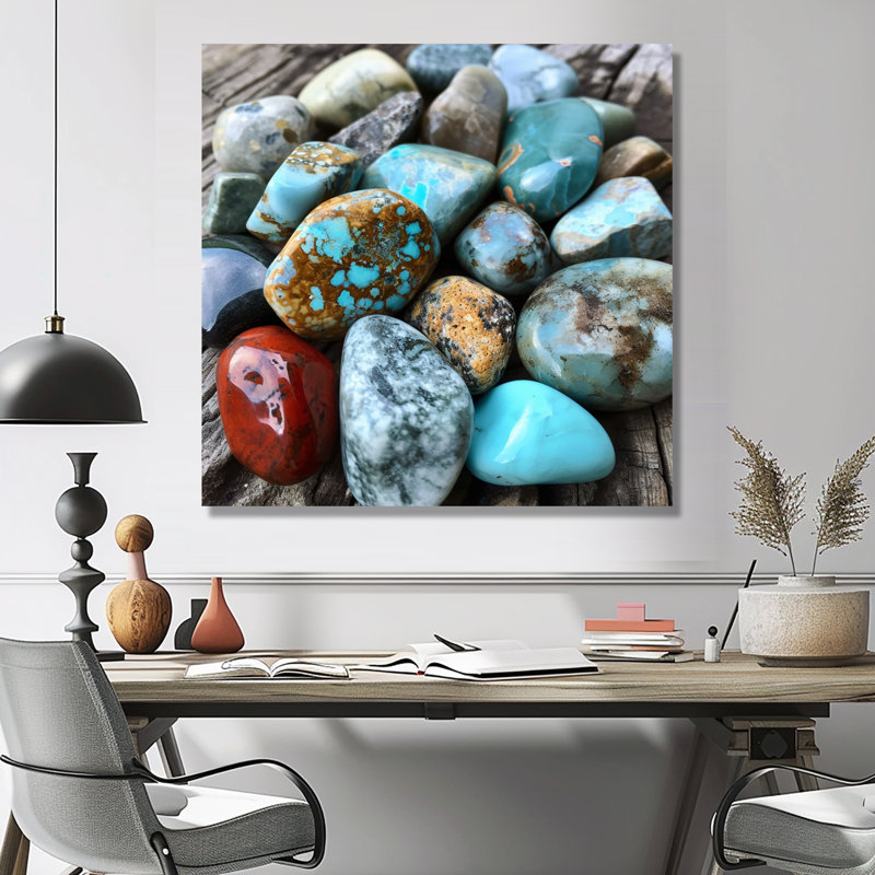 Ethnique turquoise, composition de pierres spirituelles, Toile tendue, H 36 po x l 36 po x P 1,5 po