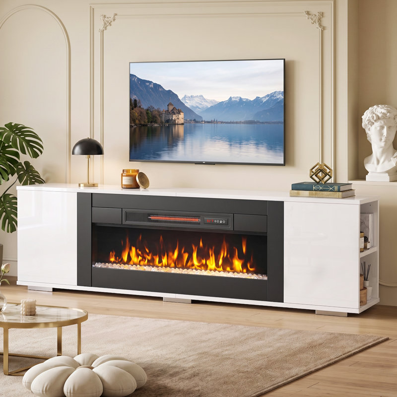Meuble télé de 70 po avec foyer électrique, console télé avec flamme 3D de 36 po, chauffage 1500 W, étagères réglables et placards de rangement, compatible avec les téléviseurs jusqu'à 75 pouces, blanc