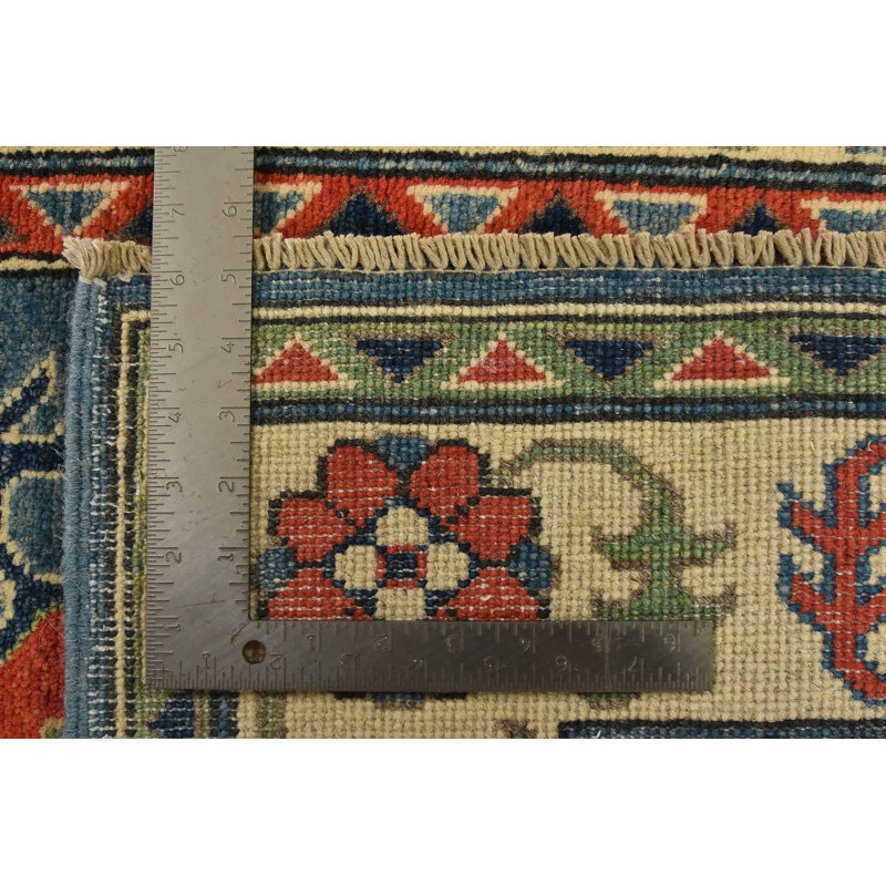Tapis Kazak 4′ x 5′11″ en laine bleue, noué à la main, style tribal oriental