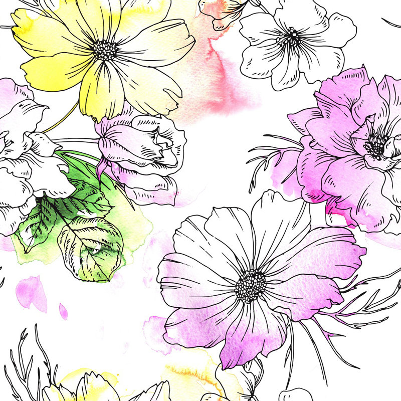 Murale florale dessiné à la main, L 8,33 pi x L 8,33 pi