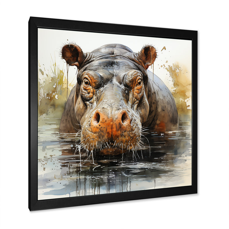 Hippopotame gris et gris, H 16 po x l 16 po x P 1 po, Cadre photo noir