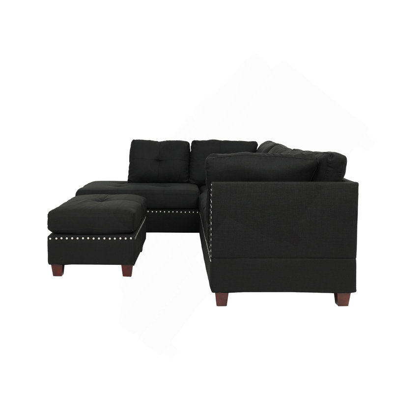 Reversible Polyfiber Sectional Sofa With Ottoman, Black